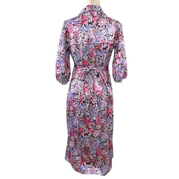 70s Vintage Brown Pink Purple Floral Empire Waist Dress with Attached Ties Sz 11 - Picture 2 of 6